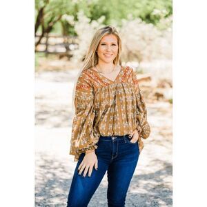 Oh my Stars my Layerz Clothing Ellie Mae Brown Embroidered Top Women's Size XL